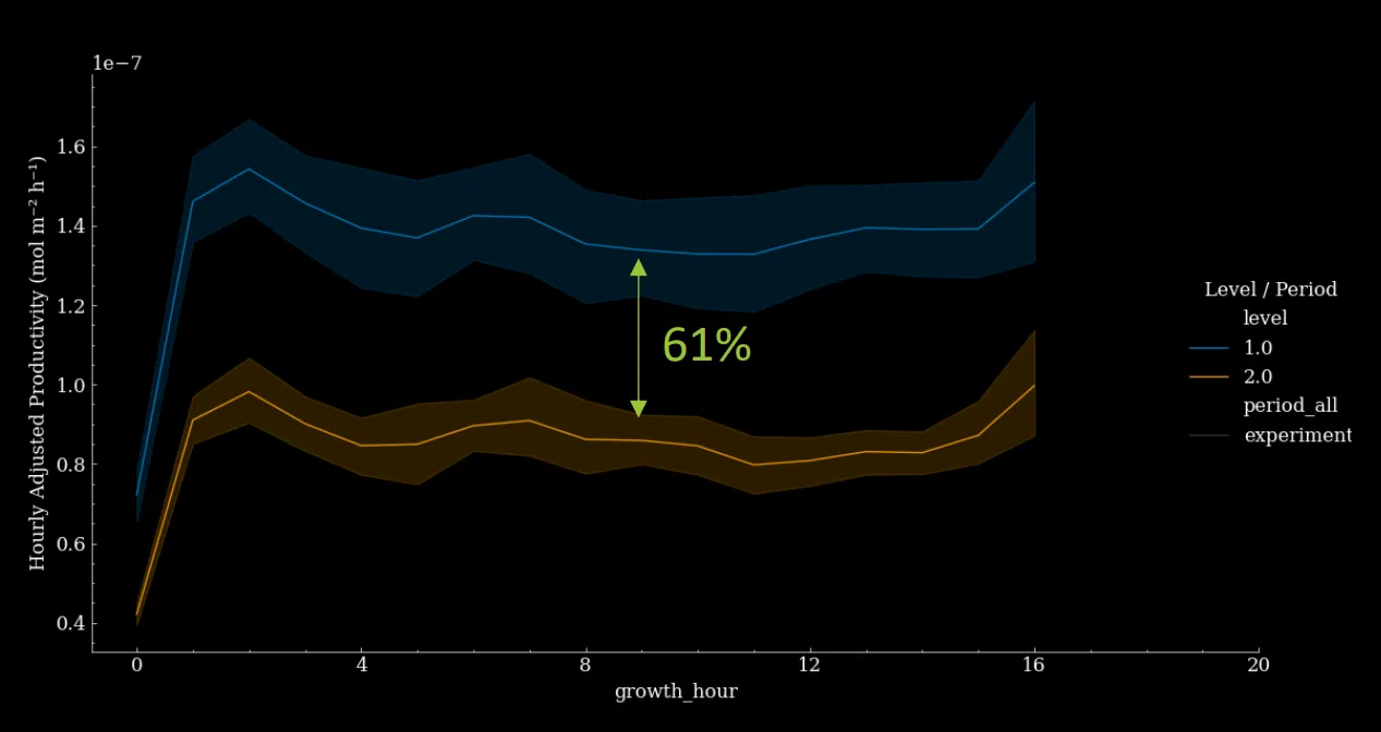Light optimisation supported by Gardin's photosynthetic insights led to increased photosynthetic productivity by 61%. Hourly productivity shows the amount of light absorbed by the plant used for photosynthesis (electron transport rate). Increasing light intensity increased electron transport, providing more energy for CO2  fixation.